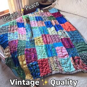 Patchwork Quilt Unique Vintage Handmade Blanket Cozy Bohemian Eclectic Colorful